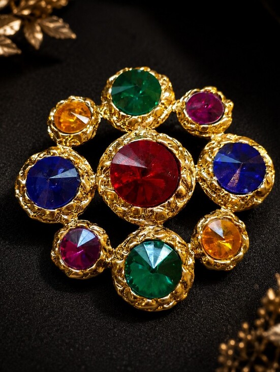 Jewelry - Vintage 1980s Large "Fruit Salad" Statement Brooch - Gold Tone & Multi-Color
